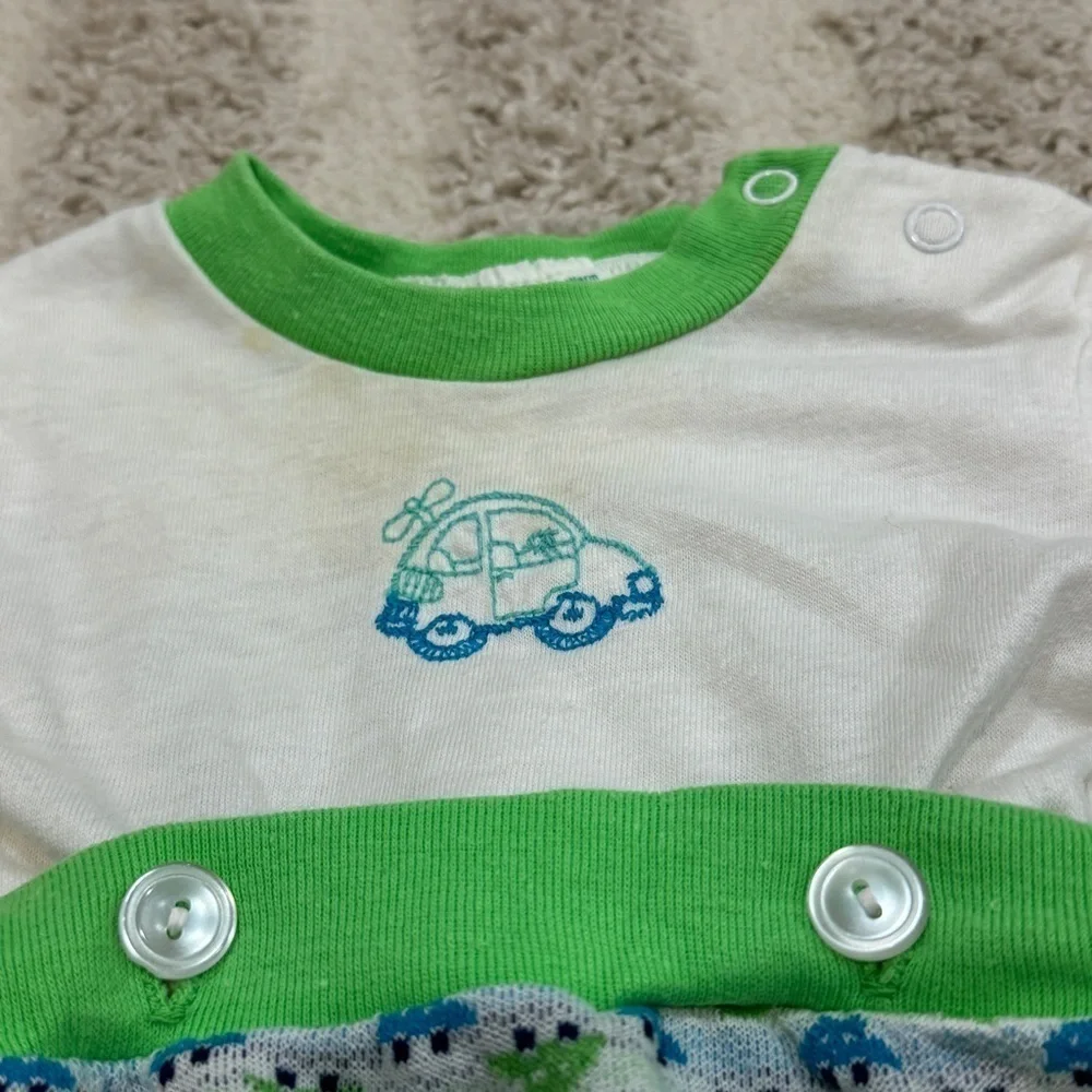 1980s Vintage Toddle Time set baby boy cars embroidered neon romper onesie short
